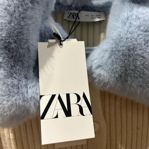 Zara Cream Ribbed Jacket with Blue Fur Collar - Picture 4 of 8